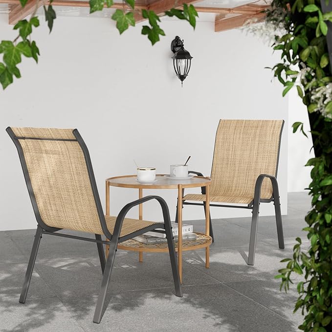 Patio Dining Chairs Set of 4, Stackable Dining Chairs High Back, Breathable Seat Fabric and Alloy Steel Frame Fit Backyard, Porch, Lawn,Poolside (Beige)