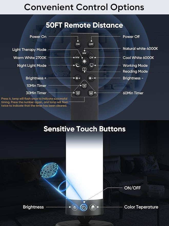 OYADISIIOP Light Therapy Lamp 15,000 Lux Happy Therapy Light with Remote, 2-in-1 Pedestal to Tabletop Lamp, Full Spectrum Daylight Lamp with Adjustable Color/Brightness/Timer, Memory Function, 36W