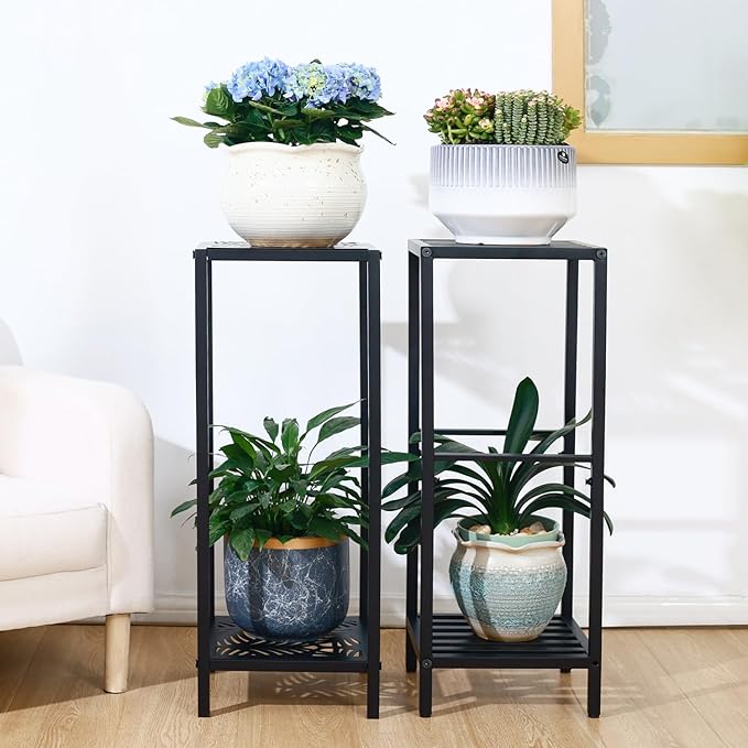 2-Tier Tall Metal Square Plant Stand 31” Heavy-Duty Modern Flower Pot Rack for Indoor Living Room, Corner Side Table for Outdoor Patio, Garden, and Balcony, Black