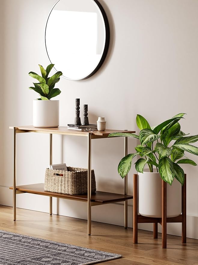 LE TAUCI 10 Inch Planter with Acacia Wood Stand, Ceramic Planter for Indoor Plants with Plant Holder, Mid-Century Modern Home Decor, Round Flower Pots with Drainage Hole, White