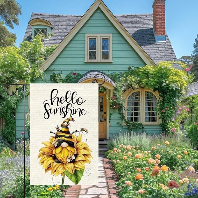 Welcome Sunshine Garden Flag 12x18 Inch Double Sided Small Burlap Gnome Sunflower Garden Flags Decor Home Yard Lawn Holiday Outdoor Decorations