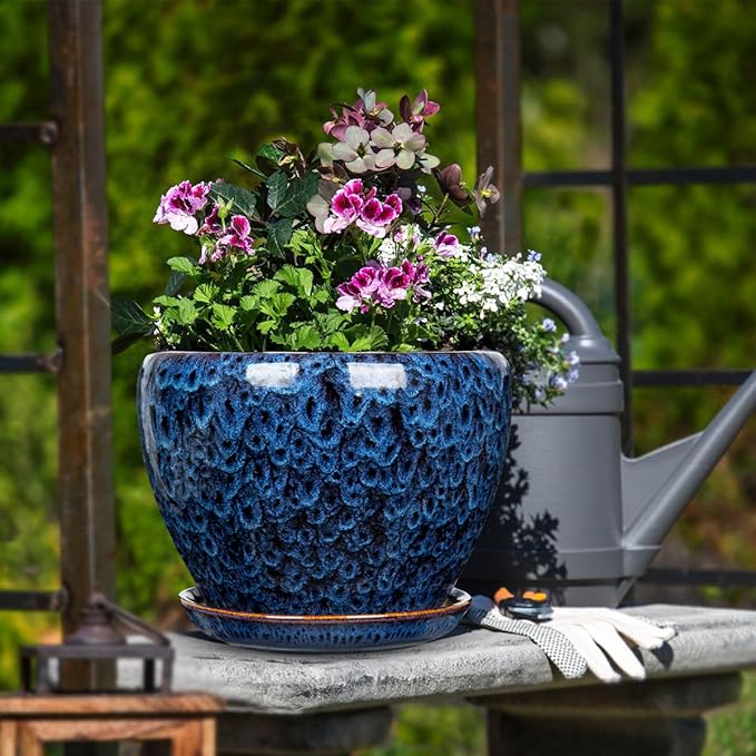 Hollyone 9+7 Inch Ceramic Planter Set of 2 Blue Ceramic Plant Pot for Plants Flowers with Drainage Hole and Saucers Ceramic Glaze Round Plant Pot Indoor Outdoor Large Succulent Orchid Flower Pot