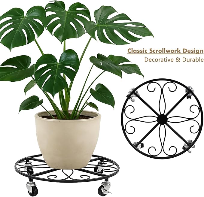 4 Pack Plant Caddy with Wheels 16 Inch Rolling Plant Stand for Large Plants Heavy Duty Plant Rollers Metal Plant Dolly Rustproof Planter Stand Wrought Iron Plant Stands Flower Cart Indoor Outdoor