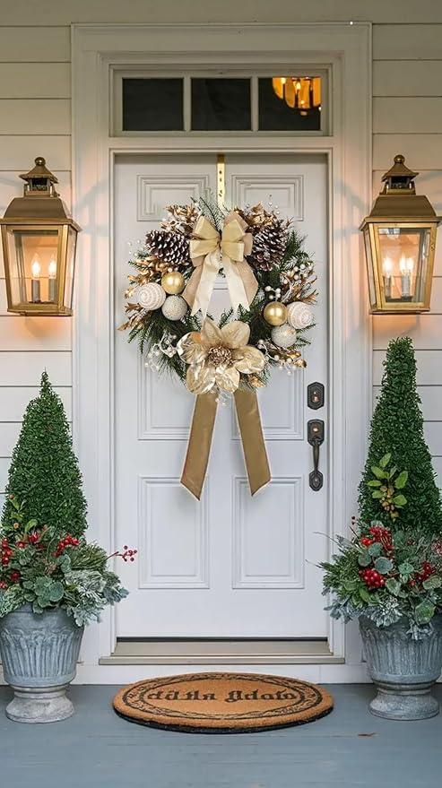 24” Champagne Christmas Wreaths for Front Door with Magnolia Fake Pearl, Christmas Door Wreath with Bow Golden Balls, Pine Needles Pine Cones for Home Wall Window Indoor Outdoor Xmas & Holiday Decor