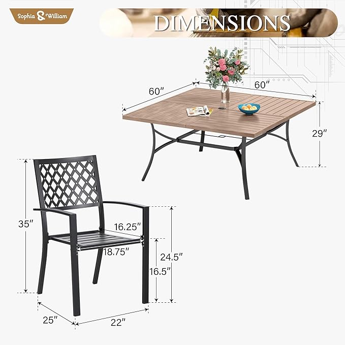 Sophia & William Patio Table and Chairs Set, Outdoor Dining Set for 8, 9 Piece Metal Patio Furniture, 60" Square Table with Wood-Like Tabletop(Diamond)