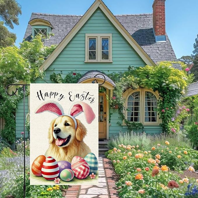 Happy Easter Garden Flag Dog Spring Seasonal Eggs Sign Yard Holiday Outdoor 12x18 Inch Small Burlap Double Sided Garden flags Decorations