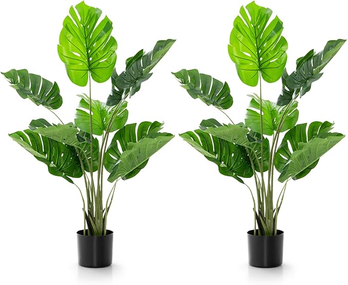 4FT Fake Monstera Deliciosa Plants, Faux Monstera Plant w/15 Turtle Leaves, Cement-Filled Plastic Pot, 60 Inch Fake Plant for Indoor Home Office Living Room Decoration Set of 2