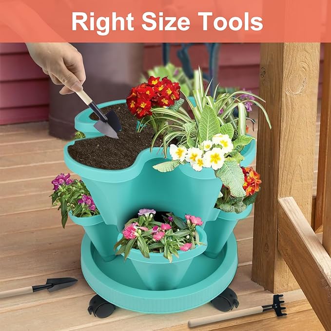 DUNCHATY Stackable Planter, Vertical Garden Planter with Wheels and Garden Tools, Strawberry Planter Indoor/Outdoor 5 Tier Herb Planter Pots for Growing Vegetables and Succulents,Teal