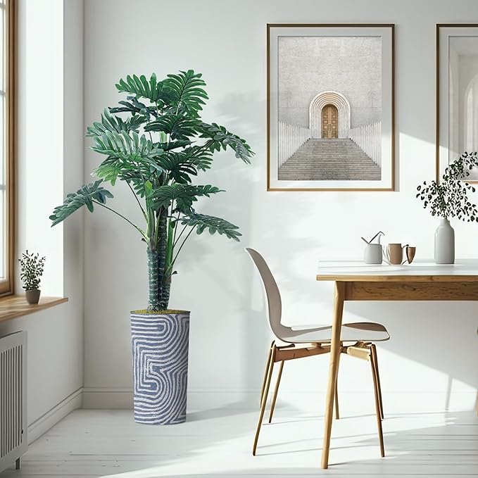 Artificial Tree in Contemporary Geometric Pattern Planter, Fake Philodendron Tree Silk Tree for Indoor and Outdoor Home Decoration - 70" Overall Tall (Plant Pot Plus Tree)