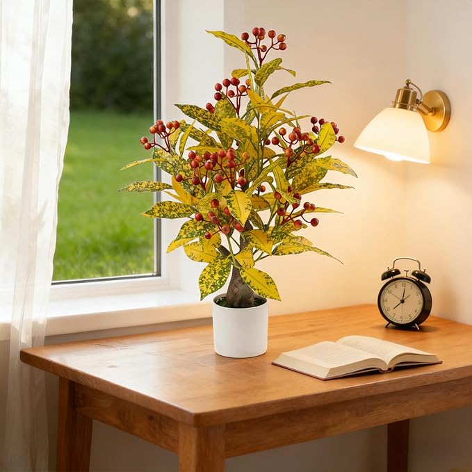 24" Artificial Greenery Tree with Pot, Indoor Fake Green Plant Small Faux Berry Branches Green Potted Tree Stems for Tabletop Kitchen Livingroom Bedroom Bathroom Home Office Decor (Orange-red Berry)