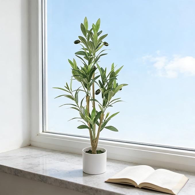 28" Fake Olive Tree with Pot Indoor, Small Artificial Olive Branches Stems Potted Greenery Faux Green Plants in Pot for Tabletop Desk Office Bedroom Bathroom Kitchen Living Room Home Decor