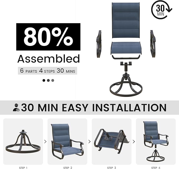 Patio Swivel Chairs Set of 6, Outdoor Dining Chairs with High Back, All-Weather Swivel Rocker Chair for Lawn, Porch or Garden (Padded Navy)