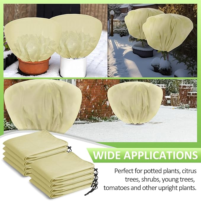 Wesnoy 12 Pcs Winter Plant Covers Freeze Protection 39.4x23.6 Inch Horizontal Shrub Tree Rose Plant Protection Bags Frost Blanket with Drawstring for Fall Winter Outdoor Garden Planting (Beige)