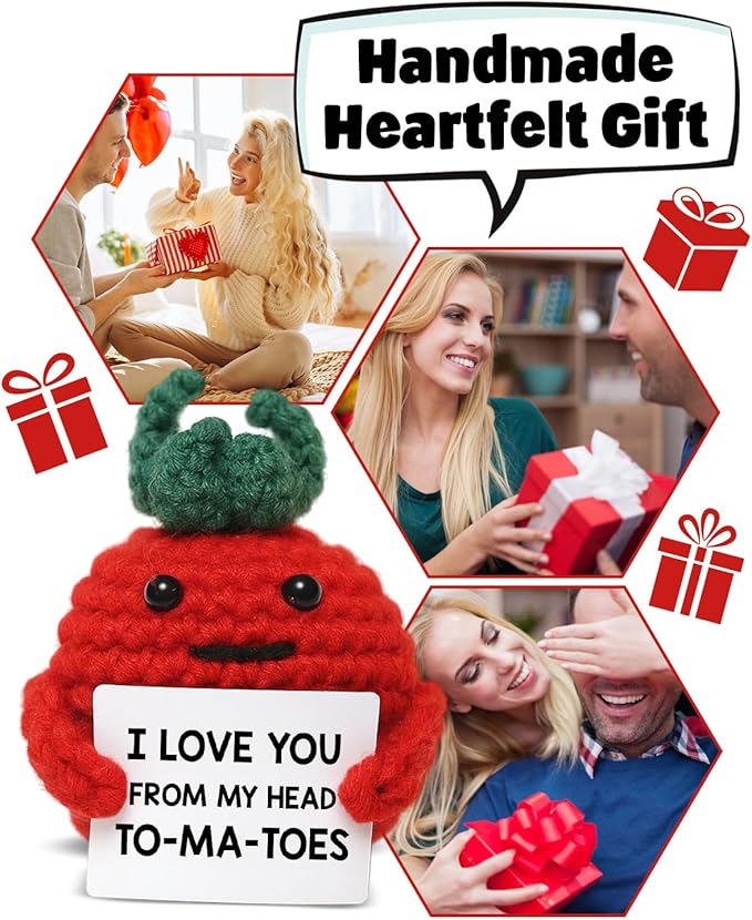 WEZADUK Positive Emotional Support Crochet Tomato, Funny I Love You Gifts for Husband Wife Mom Dad, Anniversary Birthday Gift Ideas, Mini Handmade Crochet Tomato Decor