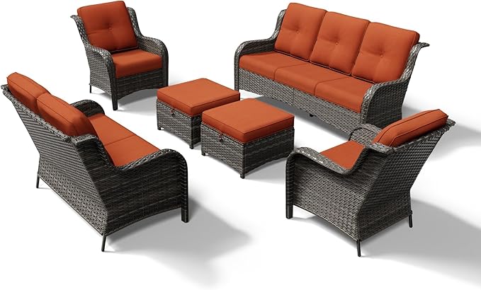 Joyside 6 Piece Wicker Patio Furniture Set, Rattan Patio Chairs with High Back, Deep Seating, Wide Armrest, Thickened Cushions, Outdoor Furniture for Deck, Porch Use