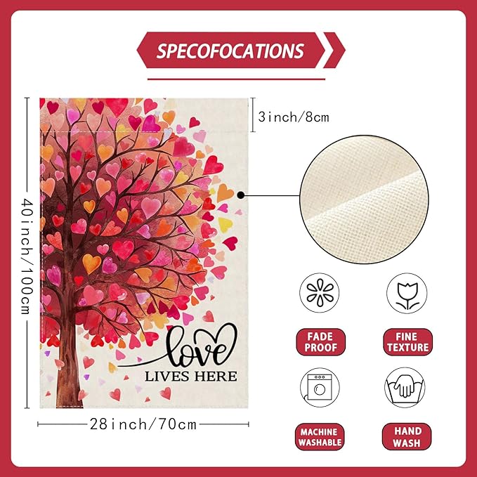 Love Lives Here Love Heart Shaped Tree Valentine’s Day House Flag large 28X40 Inch Big Vertical Double Sided Yard Outdoor Outside Holiday Decoration