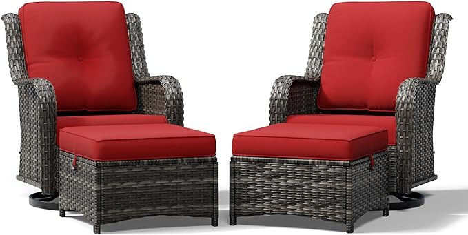 Joyside 4 Piece Wicker Patio Furniture Set, Outdoor Swivel Rocker Patio Chairs with High Back, Deep Seating, Wide Armrest, Thickened Cushions, Outdoor Furniture for Deck, Porch Use