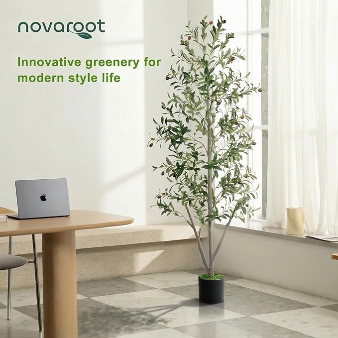 Olive Trees Artificial Indoor, 6FT Tall Faux Olive Tree with Moss and Planter, Artificial Plants Indoor with Natural Wood Trunk and Lifelike Fruits, Fake Tree for Home Office Living Room Decor