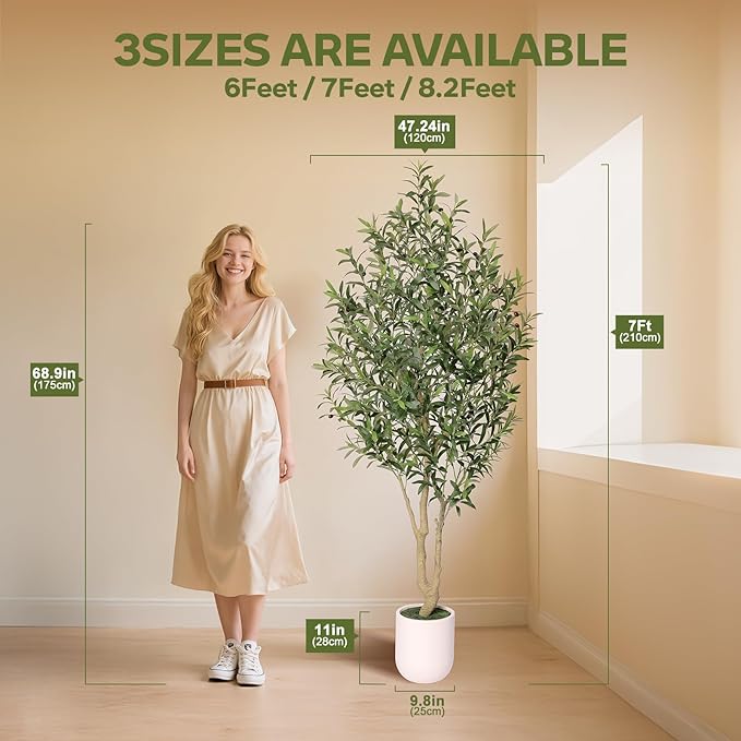 VeriNatural Artificial Olive Tree 7FT Tall, Faux Plants Indoor - Fake Plant with Lifelike Leaves,White Planter - Large Fake Olive Trees for Home Living Room Office Bedroom Floor Decor