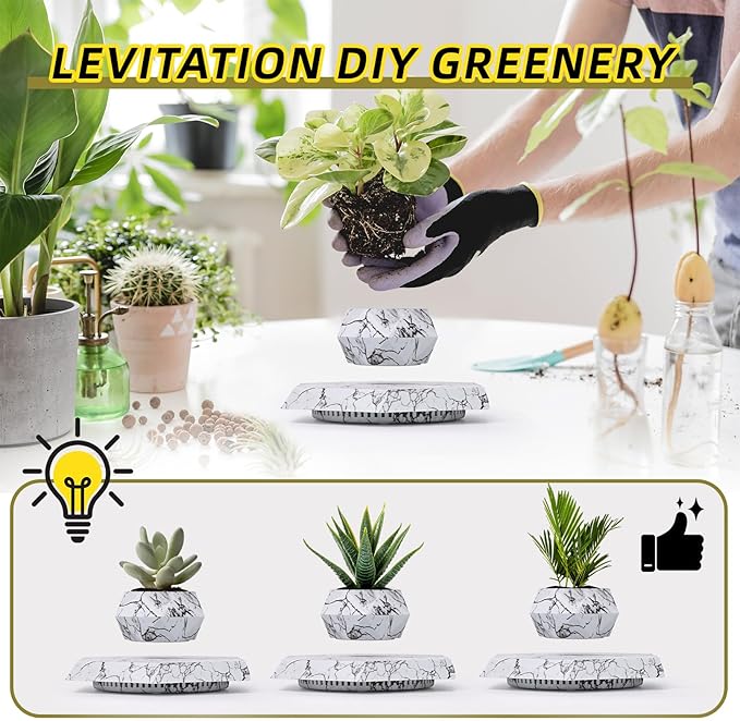 Leekimid Levitating Plant Pot, Magnetic Levitation Flower Pot Suspension Floating Plant Succulents, Air Bonsai Potted Plant for Home Decoration, Living Room, Office, Desk (Marble)