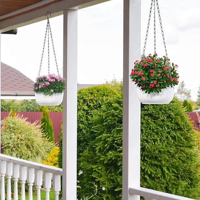 Kvetto Set of 2 White 8.8 Inch Hanging Planters for Indoor Outdoor Plants, Self Watering Hanging Baskets Flower Pots with Drainage Hole & Plug