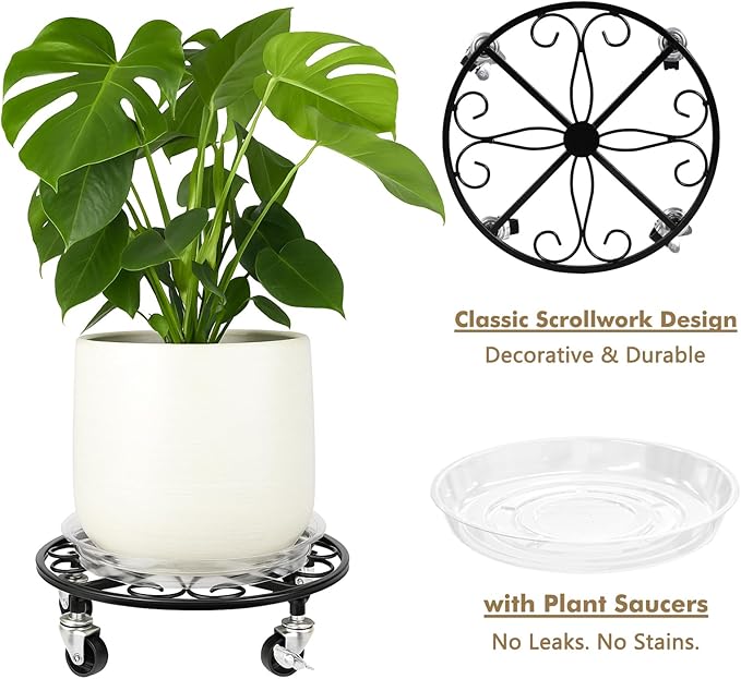 4 Pack Plant Caddy with Wheels 13.5 Inch Rolling Plant Stand for Large Plants Heavy Duty Plant Rollers Metal Plant Dolly Rustproof Planter Stand Wrought Iron Plant Stands Flower Cart Indoor Outdoor