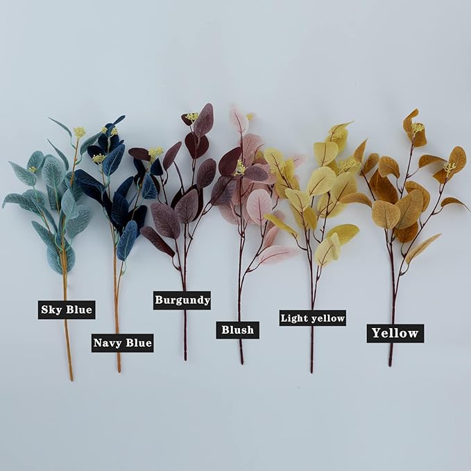 20" Silk Artificial Eucalyptus Stems, 12Pcs Fake Eucalyptus Stem with Leaves Berries, Greenery Plants Floral Decorations for Wedding Party Flower Arrangement Home Decor (Navy Blue)