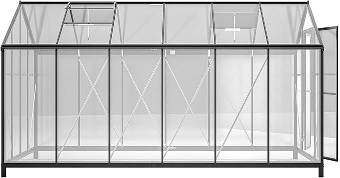 8x12 FT Greenhouses for Outdoor, Heavy Duty Polycarbonate Greenhouse,Large Walk-in Garden Green House with Double Doors and Two Ventilation Windows for Outside, Backyard,Black