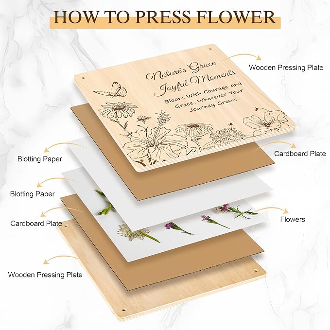 Joy&Grace Large Flower Press Kit for Adults & Kids with Designed Cover and DIY Album,10 Layers Plant Press and Plant Drying Toolkit, Flower Preservation Kit, 10.9" x 10.9" (Color Box, Natural Wood)