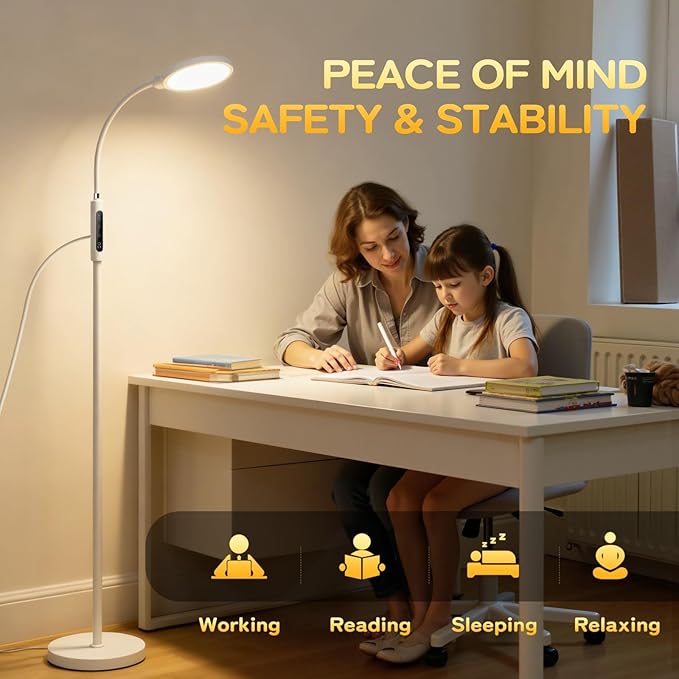 Light Therapy Lamp, 11000 Lux UV-Free Floor Lamp, Full Spectrum LED Sunlight with Touch Remote Control, Adjustable 7 Color Temperatures 9 Brightness Levels for Office Living Room Reading White