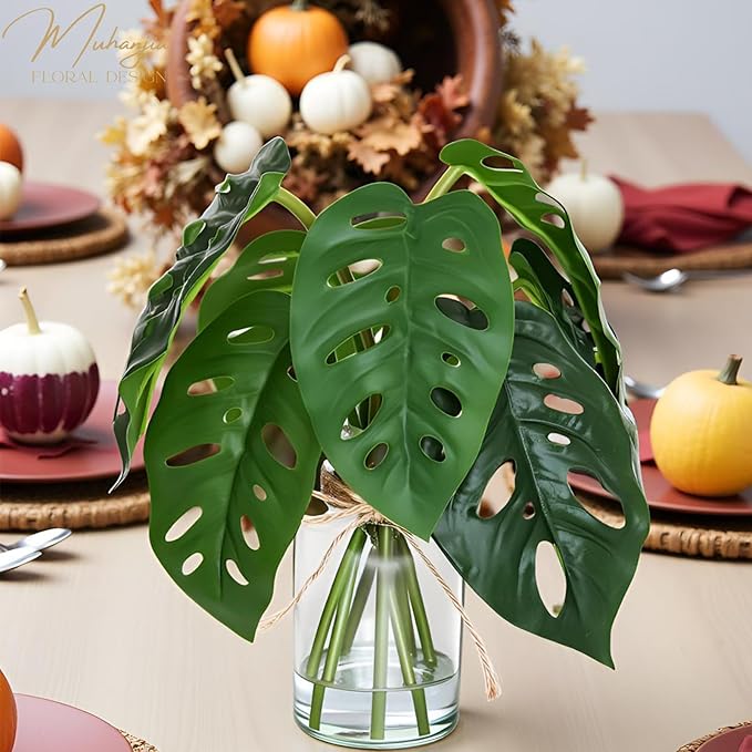 Muhanjia Artificial Flowers Turtle-Back, Alocasia Leaf, in Glass Vase with Faux Water,7Pcs Artificial Leaves Real Touch Latex Leaves for Centerpiece (2, Turtle-Back Leaf)