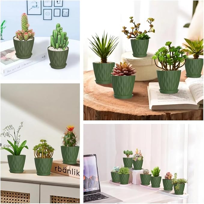 zople 16 Pack 4 Inch Plastic Planter Pots with Tray, Heavy Duty Indoor Outdoor Planter Pots with 48 Drainage Holes for Herbs, Succulents, Seedlings, Flowers Durable and Lightweight Army Green