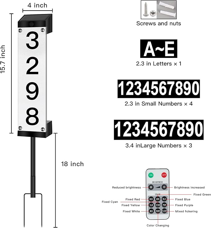 Solar Address Numbers for House, Waterproof LED House Numbers for Outside Modern, Illuminated Solar Address Signs with Remote Control for Streets, Family Yards and Homes