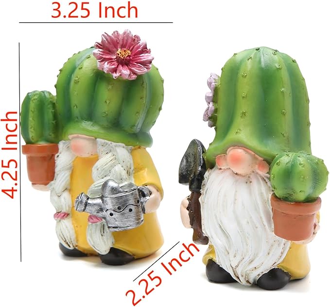 Hodao Cactus Gnome Figurines – Cute Hand-Painted Resin Gnome Statues for Spring and Summer Home and Garden Decor, Patio, Windowsill and Tiered Tray Accents(4.25 inch)