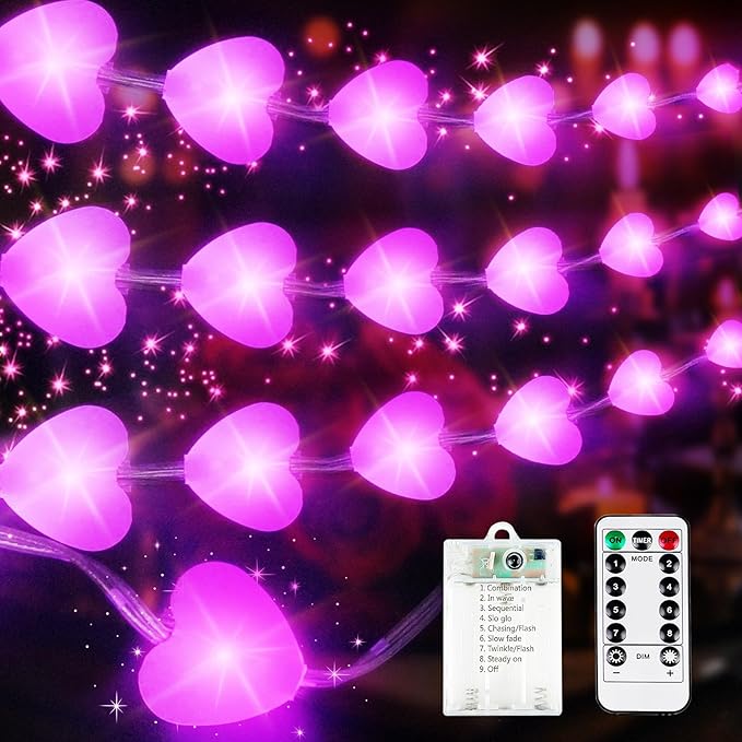 Valentine’s Day Twinkle Fairy Lights with Timer | 10FT 30LED Battery Operated Pink Heart Light with Remote for Wedding Bedroom DIY Indoor, Girl‘s Romantic Gifts Valentine Decor