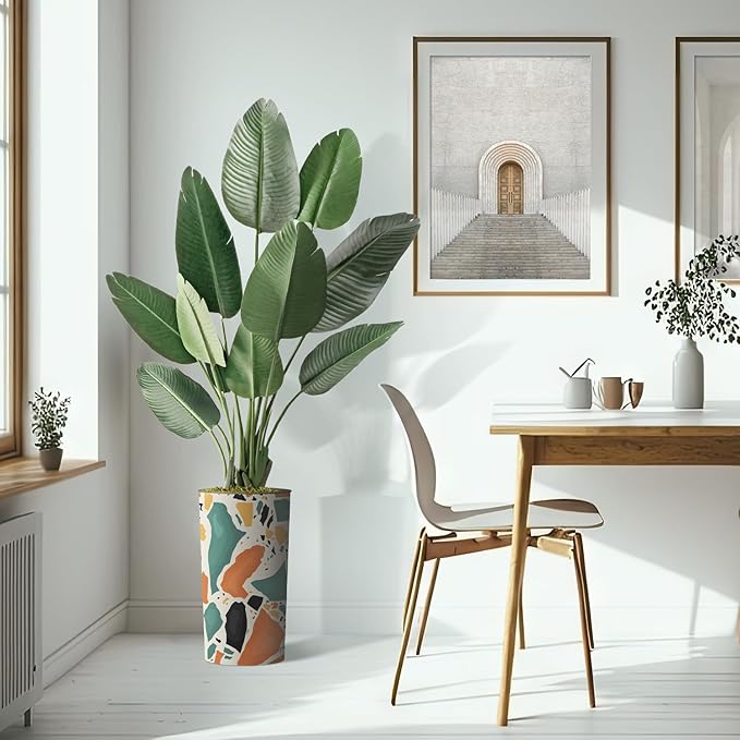 Artificial Tree in Modern Geometric Pattern Planter, Fake Bird of Paradise Silk Tree for Indoor and Outdoor Home Decoration - 67" Overall Tall (Plant Pot Plus Tree)