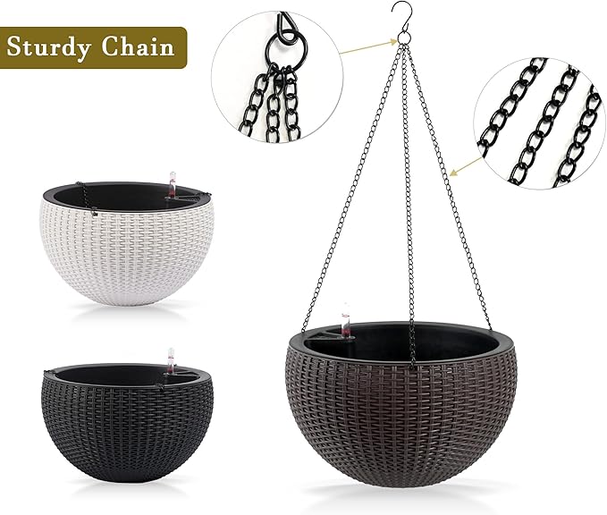 Vigo huseeo 13.5 inch 2Pack Large Hanging Planters for Outdoor/Indoor Plants, Self Watering Hanging Pot with Water Level Indicato, Drainage Holes and Chain for Garden Porch, Brown