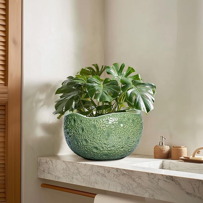 Thirtypot Ceramic Pots for Plants - 10 Inch Plant Pot for Indoor Outdoor, Round Bonsai Pots with Drainage Hole, Modern Planter, Decorative Flower Pot, Living Room Decor, Gifts for Plant Lovers, Green