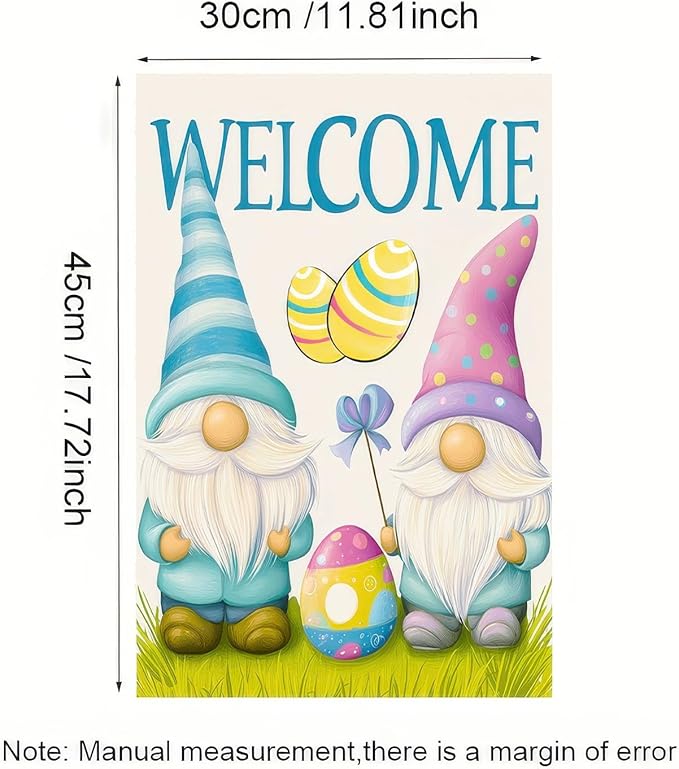 Easter Bunnies Garden Flag Cute Gnomes Egg Double Sided Yard Flag 12x18 Inch Welcome Yard Holiday Decoration Farmhouse Small Yard Flag Home Lawn Outdoor Decorations