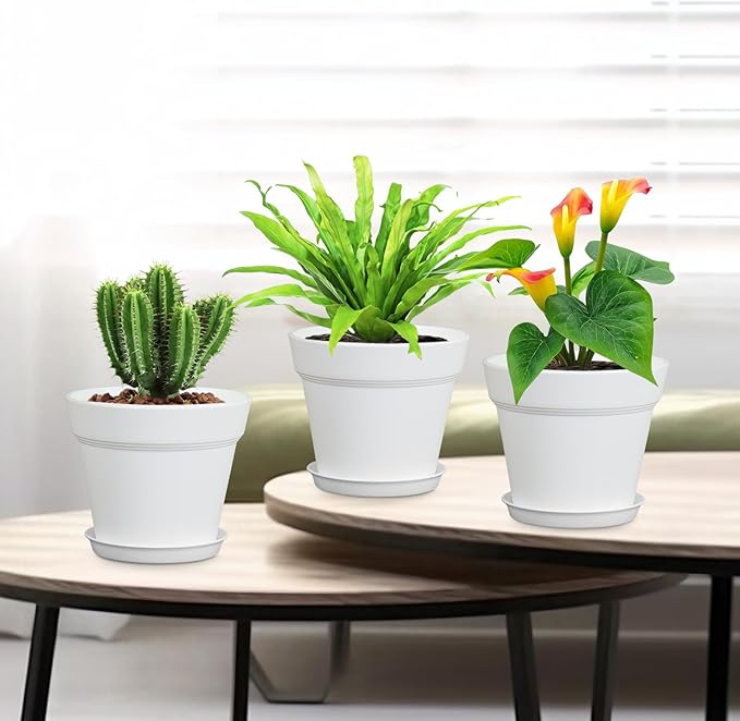 Meowell 4 inch Small Plastic Nursery Pots, 16 Pack Plant Pots for Indoor Outdoor Plants, Flower Pots with Drainage Holes and Saucers, Decorative Seedling Starter Planters for House Plants, White