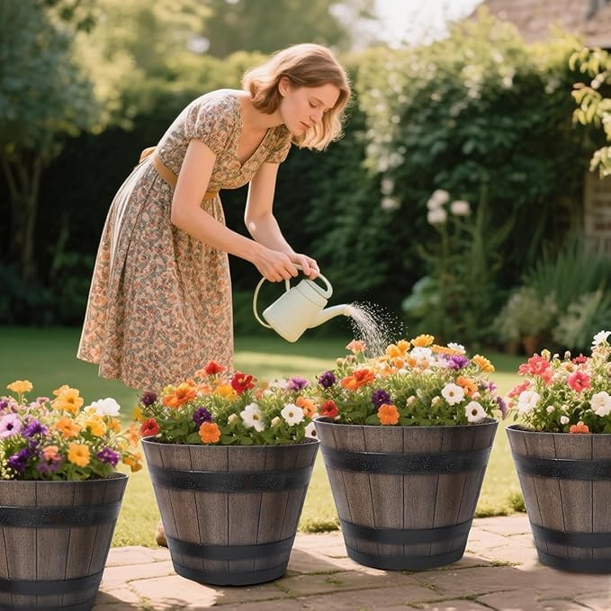 WEICHENGXING Large Plant Pots, 22.25 Inch 2 Pack Plastic Whiskey Barrel Planters, Big Flower Pots Wine Barrel Design for Outdoor Indoor, Garden, Porch, Patio, Backyard