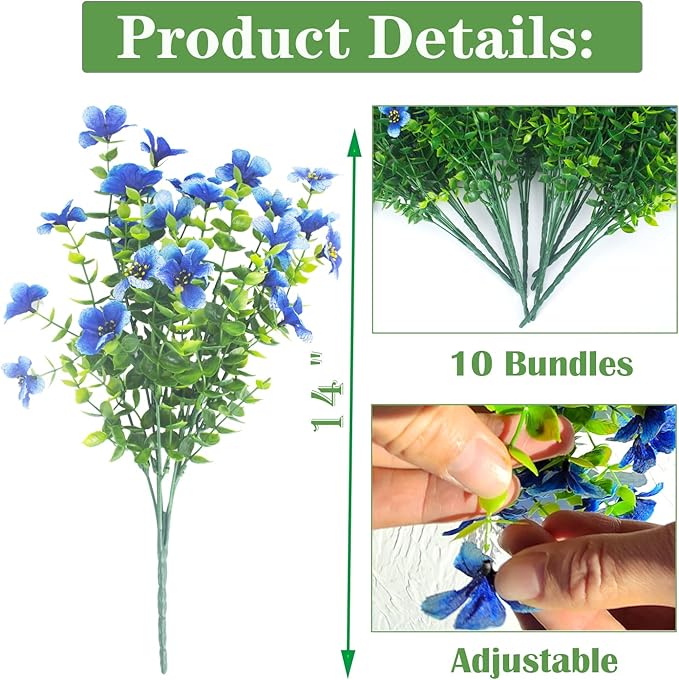Grunyia 10 Bundles Artificial Flowers Outdoor UV Resistant Fake Flowers No Fade Faux Plants Garden Porch Window Box Decorating (Blue)