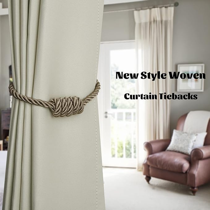 BEL AVENIR Magnetic Curtain Tiebacks, Decorative Drapery Holdbacks Modern Woven Tie-Backs with Exquisite Knot (Flaxen, 2 Pack)
