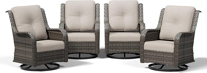 Joyside 4 Piece Outdoor Swivel Rocker Patio Chairs, Wicker Patio Furniture with High Back, Deep Seating, Wide Armrest, Thickened Cushions, Outdoor Rattan Furniture for Deck, Porch Use