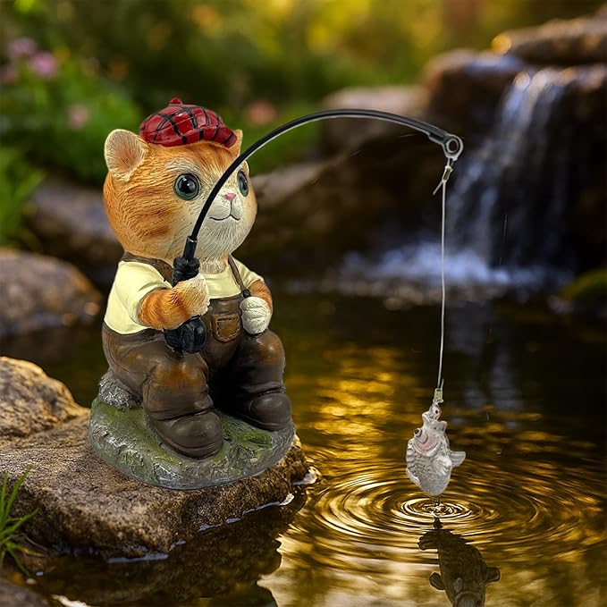 GARDEN WHISPER Cat Statue Outdoor Koi Pond Garden Decoration, Cat Decor for Yard 7.1'' Fishing Tabby Statue Outdoor Garden Decor, Fishing Guy for Waterfalls or Koi Pond Additioanl, Gifts for Mom