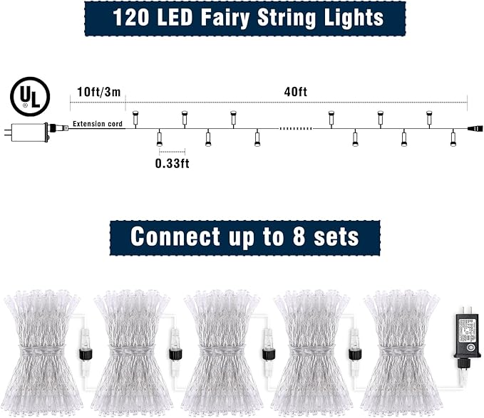 120 LED Red String Lights Outdoor Waterproof, 40ft Red Christmas Lights 8 Modes Clear Wire, Plug in Twinkle Fairy String Lights for Bedroom Christmas Decorations
