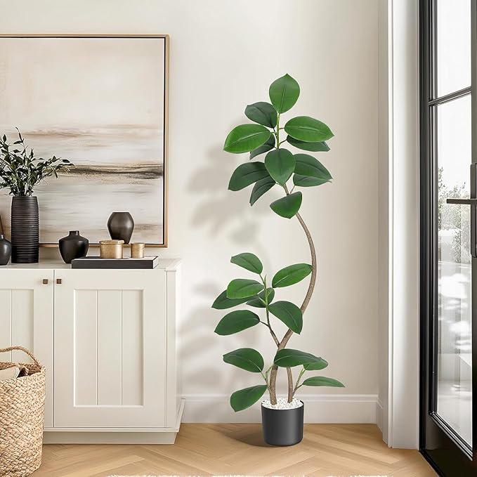 7 ft Artificial Plant Rubber Tree, Large Floor Tree Real Touch, Artificial Plants Indoor Potted with Black Sphere Resin Planter & Stone, Tall Plant Artificial Large Floor