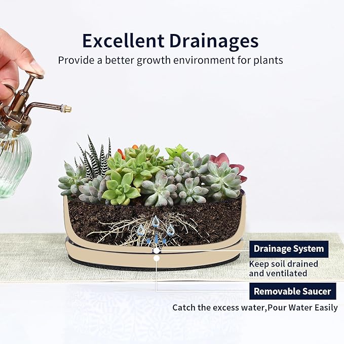 Selamica Ceramic Succulent Pots, Shallow Succulent Planters with Drainage Hole & Saucer, Indoor Plant Pots for Cactus, Home Decor,Vintage Blue, 8 inch,Set of 2
