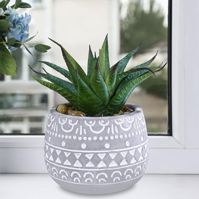 Winlyn 3 Pcs Assorted Small Potted Succulent Plants Artificial Aloe Hops String of Pearls Succulents in Gray Geometric Concrete Pots for Gifts Table Shelf Windowsill Indoor Outdoor Greenery Decor