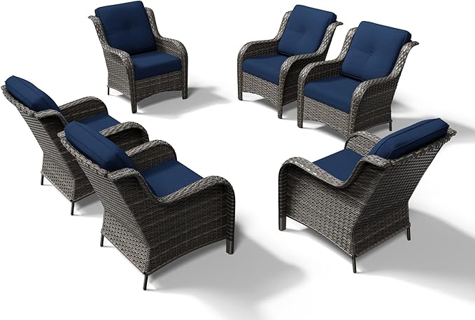Joyside 6 Piece Wicker Patio Furniture Set, Rattan Patio Chairs with High Back, Deep Seating, Wide Armrest, Thickened Cushions, Outdoor Furniture for Deck, Porch Use